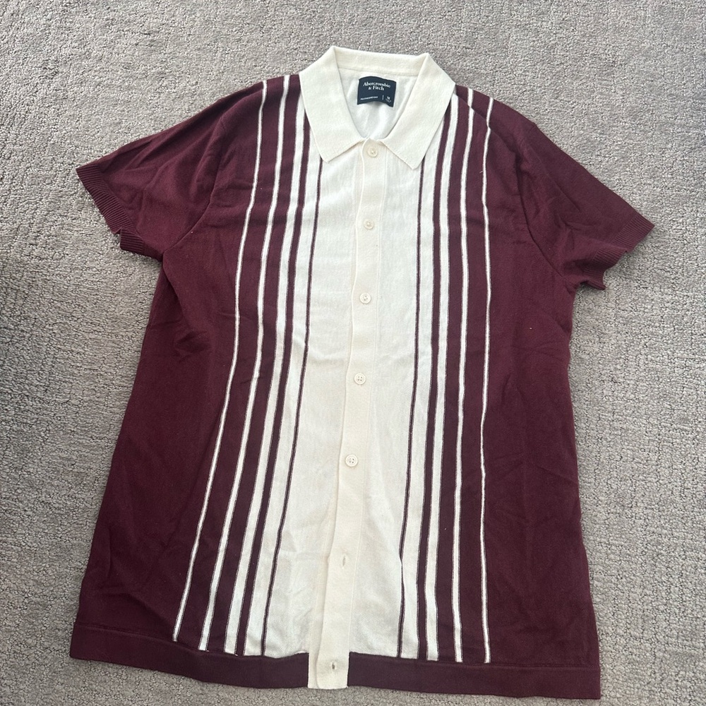 Men’s Button-Up Knit Polo with Ivory Stripe Front